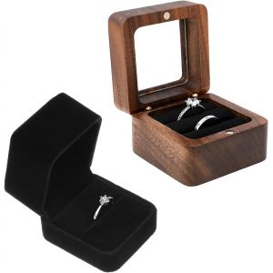 2 Pi&egrave;ces Boite A Bague, Bo&icirc;te Cadeau Carr&eacute;e En Velours, Ecrin Bague Noyer Massif Vintage, Boites A Bijoux Avec Fen&ecirc;tre Transparente Boites A Pour Anniversaire Fian&ccedil;ailles (1 Emplacement) - Neuf