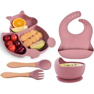 Kal-Assiette B&eacute;b&eacute; Set Repas Avec Ventouse, Lot De 5 Silicone Vaisselle Enfant Fille Antiderapant Bol Assiette Bebe Bavoirs Fourchette Cuill&egrave;re Sans Bpa Passe Lave Vaisselle Et Micro Onde, Rose - Neuf