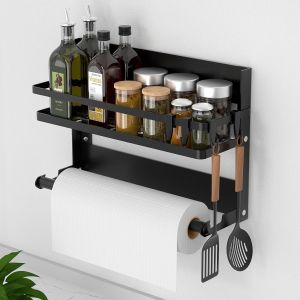 Cauc-&Eacute;tag&egrave;re R&eacute;frig&eacute;rateur, Etagere Cuisine Sans Percage Avec Porte-Rouleau De Cuisine Et 4 Crochets, Pliable Etagere A Epices Murale Pour R&eacute;frig&eacute;rateur, Mur De Cuisine/Salle De Bainc - Neuf