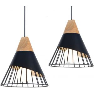 Ulteronixshop-2x Suspension Luminaire Vintage,Bois M&eacute;tal Design Lampe Plafonnier Industrielle En Luminaires Suspension Abat-Jour 27 Applique D'eclairage Pour Salle &Agrave; Manger Cuisine,Noir - Neuf