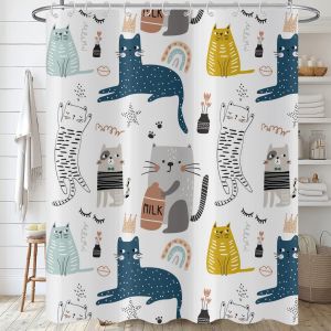 UAA-Rideau de Douche Drôle de Chat 90x180, Enfants Mignon Cartoon Animaux Graffiti Coloré Chatons pour Garçons Filles, Imperméable Tissu Polyester Lavable avec Crochets - Neuf