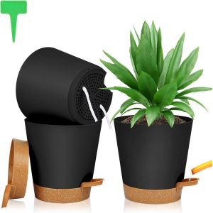 TEPPE-Lot de Pot de Fleur en Plastique, 3pcs Pots de Fleurs Auto-Arrosant, Pots de Plantes avec Trous De Drainage et Soucoupes Amovible pour d'Intérieur et d'Extérieur Jardins de Balcon -Noir 16,5cm - Neuf