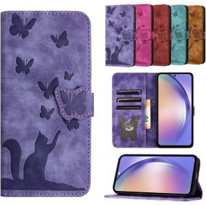 Trahoo-Coque Iphone Se 2022/Se 2020/Iphone 8/Iphone 7/Iphone 6 Cuir Pu Portefeuille À Rabat Fente Pour Carte Étui De Protection Magnétique Motif Papillon Chat, Violette - Neuf