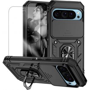 Housse Pour Google Pixel 9 & 9 Pro - Cache Caméra Coulissant, 2 Protections D'écran En Verre Trempé, Coque Double Couche Tpu+Pc, Support Rotatif Et Bords Surélevés - Noir - Neuf