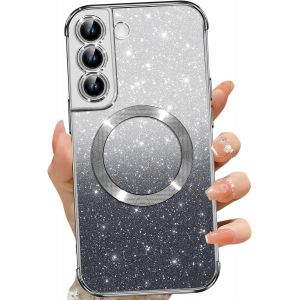 SJZG-Coque Magn&eacute;tique Pour Samsung Galaxy S22+, Etui &Agrave; Paillettes Compatible Avec Magsafe, Antichoc Charge Sans Fil Housse Pour Samsung S22 Plus 5G, Avec 2 Verre Tremp&eacute;, Noir - Neuf