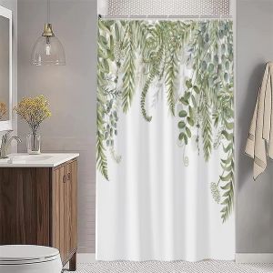 KAL-Rideau Douche Vert, Rideau Douche 120X200Cm Anti Moisissure Feuilles D'Eucalyptus Fleuri Motif Rideaux De Baignoire Tissu Lavable Imperméable Polyester Rideaux Salle De Bain Avec 8 Crochets - Neuf