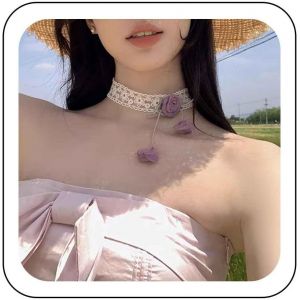 Kal-Collier Ras Du Cou En Dentelle Blanche Collier Pendentif Fleur Rose Collier Ras Du Cou En Satin Floral Long Ruban Fleur Tatouage Collier Clavicule Dentelle Bijoux De Mariage Pour Femmes - Neuf