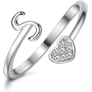 Kalanka-Milacolato Bague Argent 925 Femme Initiaux De Coeur En Argent Sterling Pour Femmes Filles 18k Plaqu&eacute; Or Initial Coeur Empilable Anneaux R&eacute;glables Pour Adolescentes Mignon Coeur Alphabet Lettre - Neuf