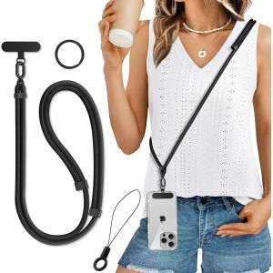 JGD-Cordon Telephone Portable Tour de Cou Universelle avec Patch Collier de Longe Porte-cl&eacute;s Sangles r&eacute;glables en Nylon pour iPhone 17 Pro 16 Samsung Sport, Voyage, Outdoor Homme Femme Noir - Neuf