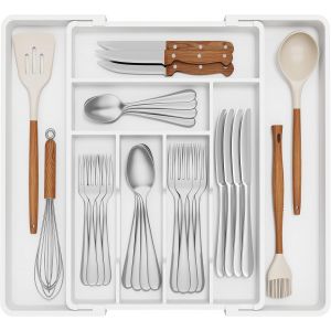 Tianyi-Range-Couverts Pour Tiroirs - R&eacute;glable De 33 &Agrave; 57 Cm De Large - Organiseur De Tiroir Pour Cuisine - Profondeur : 42,4 Cm - Porte-Couverts En Plastique Pour Cuill&egrave;res, Fourchettes, Couteaux, - Neuf