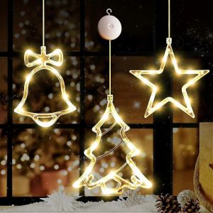 3pcs de No&euml;l de la Fen&ecirc;tre les Lumi&egrave;res des D&eacute;corations, Aliment&eacute; par la Batterie de No&euml;l de la Fen&ecirc;tre Suspendue Blanc Chaud Lumineux Arbre Bell Star Led en Forme de Ventouse Lampe - Neuf