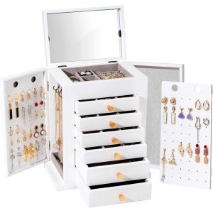 Jexnovashop-Procase Grande Bo&icirc;te &Agrave; Bijoux En Bois 7 Compartiments, Rangement Bijoux Avec Miroir, Coffret Bijoux Pour Boucle D&iquest;Oreille Collier Bague -Blanc - Neuf