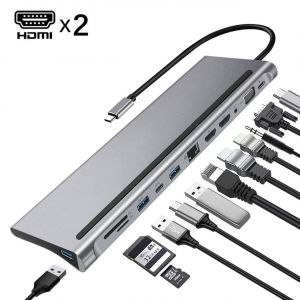 12 en 1 Station d'accollement USB C &agrave; Double Moniteur, Station d'accollement avec Double HDMI, VGA,DP, 100W PD, USB3.0&2.0, RJ45, Fentes SD/TF, Audio/Micro - Neuf