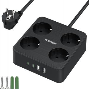 Bloc multiprise 4 Prises, 4000 W 16 A, avec USB, 2 Ports USB-A et 2 Ports USB-C, avec Interrupteur, Montage Mural, c&acirc;ble de 2m, Protection Contre Les surtensions - Neuf