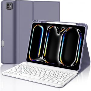 Kal-Coque Clavier Pour Ipad Pro 11'' (M4) 2024, Azerty Français Clavier -Étui Ipad Pro 11 Pouces Avec Fente Pour Stylo, Clavier Détachable Sans Fil Bluetooth, Lavande - Neuf