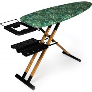 MEVRONISSHOP-Table &agrave; Repasser GoldWoodVIP&iquest; 130x47 cm XXL, Bois Naturel et Aluminium, Hauteur R&eacute;glable 98 cm, Stable, L&eacute;g&egrave;re et R&eacute;sistante, Roulettes, Support Centrale Vapeur et Plateau &agrave; Linge, Fabri - Neuf