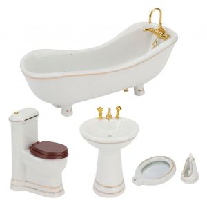 Ensemble De Salle De Bain Pour Maison De Poupee 5 Pieces 1:12, Jolis Meubles Miniatures En Porcelaine Pour Maison De Poupee, Jouets, Accessoires - Neuf