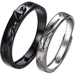 S925 Argent Sterling Couple Anneaux Assortis Pour Femmes Homme Ange Diable Ailes Ouvrir R&eacute;glable Promesse Ensemble Fian&ccedil;ailles Mariage D&eacute;claration Noir Blanc Bijoutier - Neuf