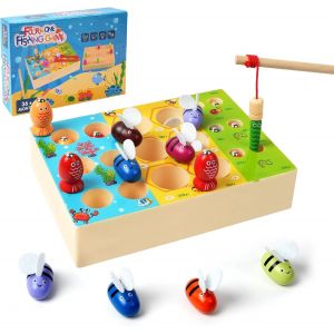 ERYI-Jeu De P&ecirc;che Magnetique, Jouets En Bois, Jeux Montessori Avec 1 Agrafe Et 1 Cannes &Agrave; P&ecirc;che, 4 En 1 Educatif Jouet, Cadeau Gar&ccedil;on Fille, Jeux Enfants Cadeau 2-5 Ans - Neuf