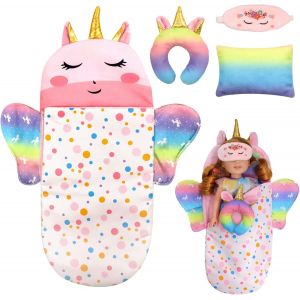 KALANKA-Licorne Sac de Couchage Poupee avec Masque pour les Yeux, Oreiller en forme de U et Oreiller Carr&eacute; Sac de Couchage Pliable Poup&eacute;es pour Poup&eacute;es de 25 &agrave; 38 cm Cadeau d'anniversaire pour Filles - Neuf