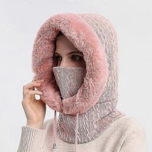 Chapeau De Ski Pour Femmes Écharpe Foulard Tête Intégré Chapeau En Velours En Peluche (Rose) - Neuf