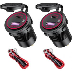 KAL-Lot de 2 chargeurs de voiture double USB QC3.0 et prise de charge type C PD 12 V/24 V Prise USB avec interrupteur et LED pour voiture, bateau, camping-car, camion (rouge) - Neuf