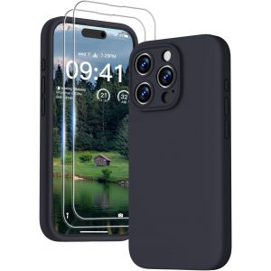 3 En 1 Coque Iphone 15 Pro Max Silicone Liquide - Avec 2 Verre Trempé - Étui Protection Précise De Caméra [Résistant Aux Rayures] [Antidérapant] Iphone 15 Pro Max Case 6.7"", Noir.[S4520] - Neuf