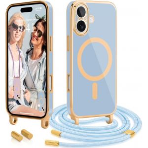 Eryi-Coque Avec Cordon Compatible Avec Iphone 16(6.1") Coque Magnétique Collier Réglable Étui Silicone Galvanisé Cellulaire Cover Lanyard Case Pour Iphone 16 Bleu - Neuf