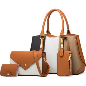 Senior-Sacs Port&eacute;s Main De 4 Pi&egrave;ces Sac A Main Femme +Sac Bandouli&egrave;re Mode+Portefeuille En Main+Porte Cartes Mignon Sac D'Epaule Contrast&eacute;[L23] - Neuf