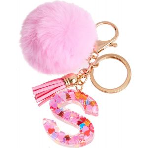 TIANYI-Porte-cl&eacute;s rose avec lettre porte-cl&eacute;s fille initiale cadeau femmes porte-cl&eacute;s boule de poils d&eacute;corer pour sac Sac &agrave; dos porte-clef gland or porte-clef femme - Neuf