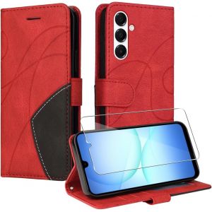 JGD-Coque pour Samsung Galaxy A17 5G/4G avec 1 Pi&egrave;ces Protection &Eacute;cran en Verre Tremp&eacute;, Couleur Combinaison PU Cuir Flip Portefeuille Housse &Eacute;tui pour Samsung Galaxy A17 5G/4G - Rose - Neuf