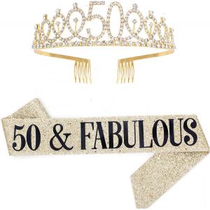 Mevronisshop-Kit De Diad&egrave;me D'anniversaire Reine Et Strass &iquest; 21, 30, 40, 50, 60e Anniversaire, &Eacute;charpe Pour Femme, Accessoires De F&ecirc;te (Or 50th) - Neuf