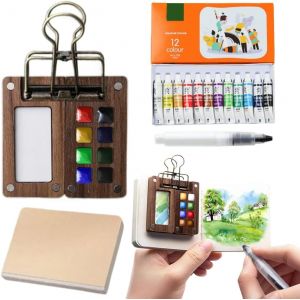 Kalanka-Mini Kit De Voyage Aquarelle, Carnet De Croquis, Palette De 8 Grilles, Bo&icirc;te De Peinture Portable En Bois, Kit De Voyage Aquarelle Portable Avec Clips De Reliure Pour Peintres, Artistes - Neuf