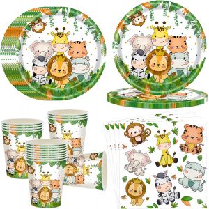Kalanka-Jungle Safari Vaisselle De Fête16 Invités,Jungle Safari Assiette De Fête Vaisselle D'anniversaire,Animaux Assiettes En Carton Gobelets Serviettes Décor D'anniversaire - Neuf