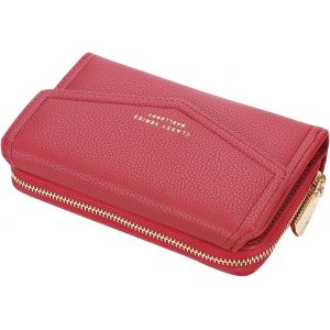 Portefeuille Femme Cuir Moyen Porte Monnaie Femmes Fermeture Éclair Poche À Monnaie Porte-Cartes Avec 10 Compartiments Pour Cartes Portefeuilles Pochette Femme (Rouge) - Neuf