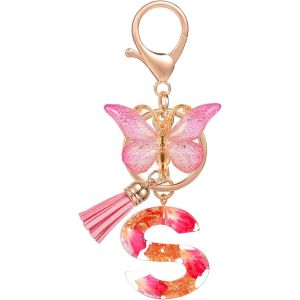 KAL-Letter Keychains Initiale Porte Clef Lettre,Alphabet Initial Keyring Avec Papillon Pendentif,Rose Pétales Feuille D'Or Key Ring Pour Femmes Filles Portefeuilles Sac À Main Charme - Neuf