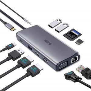Hub USB C Double HDMI 4K60Hz 11 en 1 Dock Station, Portable USB C vers USB Multiport Adaptateur RJ45 Gigabit, PD 100W, Lecteur de Carte SD TF, 2 HDMI Thunderbolt Dock avec Mac Pro Air Surface - Neuf