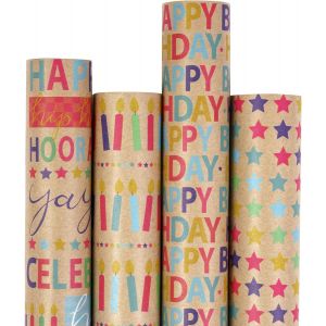 TIANYI-Papier D'Emballage Papier Kraft - Conception D'Enveloppe De Texte D'Anniversaire Color&eacute;e - 4 Rouleaux - 76 cm X 3 m Par Rouleau - Neuf