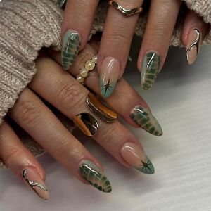 Kal-Lot De 24 Faux Ongles À Presser En Forme D'amande - Colle Brillante - Vert Ombré - Ongles Stiletto - Faux Ongles En Dentelle Française - Neuf