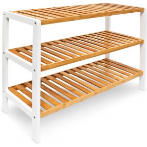 Kgabery-10017705 Étagère À Chaussures En Bambou Hxlxp : 54,5x70x24,5 Cm Meuble À Chaussures 3 Étages Pour 12 Paires Range-Souliers En Bambou,Nature Et Blanc - Neuf