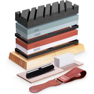 Kit De Pierre À Aiguiser, Grain Double Face 400/1000 Et 3000/8000 Pierre A Aiguiser Professionnel Avec Base En Bambou Antidérapante, Pierre À Aplatir, Guide D'angle Et Lanière En Cuir - Neuf