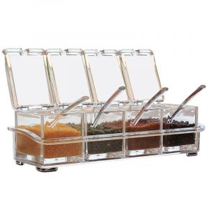 Ensemble Gourmet De 4 Compartiments À Épices En Acrylique Avec 4 Cuillères De Service, Idéal Pour La Cuisine - Neuf