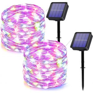 KAL-[Lot De 2] Guirlande Lumineuse Exterieur Solaire,2X14M 120 Led Guirlande Guinguette Solaire Exterieure Étanche 8 Modes Décoration Lumière Pour Jardin, Cour, Maison, Noël, Mariage, Fête (Coloré) - Neuf