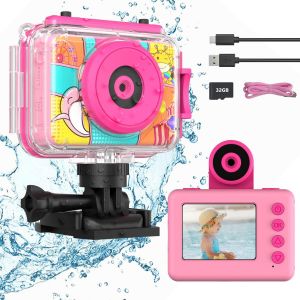 Appareil Photo Enfant Étanche, 1080P Caméra Vidéo d'action sous-Marine Enfant Appareil Photo Selfie Numérique avec Écran 2,0 Pouces Carte TF 32 Go, Cadeau pour Filles Garçons 3-12 Ans, Rose - Neuf
