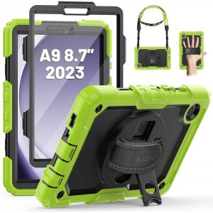 Coque Pour Samsung Galaxy Tab A9 8,7 Pouces 2023 Avec Protecteur D'écran, Porte-Stylet S, Etui Robuste Avec Dragonne Rotative À 360 Degrés Et Bandoulière Pour Tab A9, Vert - Neuf