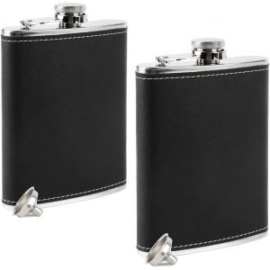 Mevronisshop-2 Flasque De Poche Et 2 Entonnoir, Flasque De Poche En Acier Inoxydable Noir, Flasque Whisky, Fiole Alcool, Cuir Flasques Capacit&eacute; 8oz/227ml, Flasques &Agrave; Hanche Pour Les Voyages - Neuf