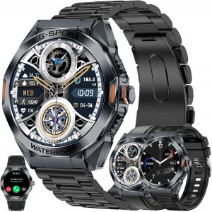 5atm Montre Connectée Homme Avec Appels Bluetooth, 1,46¿ Amoled Smartwatch Avec 123 Modes Sportifs/Spo2/Fréquence Cardiaque/Lecteur De Musique/Montre Intelligente Fitness Pour Android Ios (Noir) - Neuf