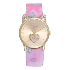 Montre-Bracelet A Quartz Lvpai P817 Pour Femme, Bracelet En Tissu Imprime, En Alliage, Avec Strass Et Oreilles De Chat (Rose) - Neuf
