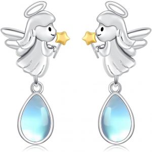 Chenquansarl-Boucles D'oreilles Ange En Argent 925 Avec Pierre De Lune - Ange Gardien Suspendu - Pierre De Lune - Cadeau Pour Femme Et Fille, Normal, Argent Sterling, Pierre De Lune - Neuf