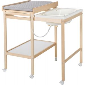 Subzonal-Table &Agrave; Langer Avec Baignoire B&eacute;b&eacute; Coulissante Baby Pool + Matelas &Agrave; Langer Hydrofuge Roba Style Gris - Avec Tuyau De Vidange Et 6 Roulettes - Bois Naturel / Blanc - Neuf